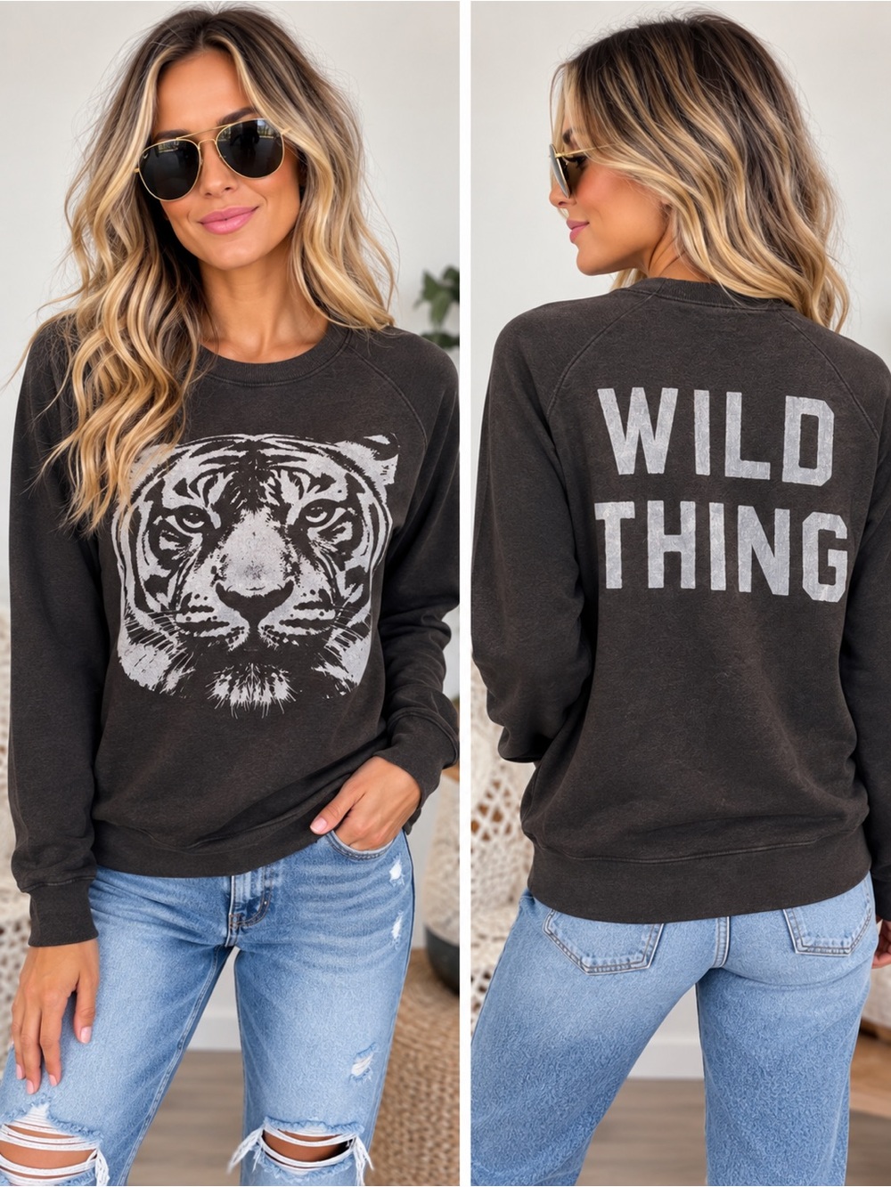 Junk Food Tiger Graphic Black Crewneck Sweatshirt Pullover